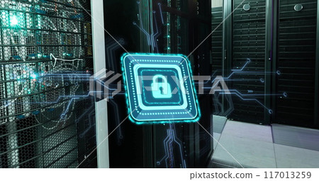 Image of padlock with connections over server room Image of padlock with connections over server room 117013259