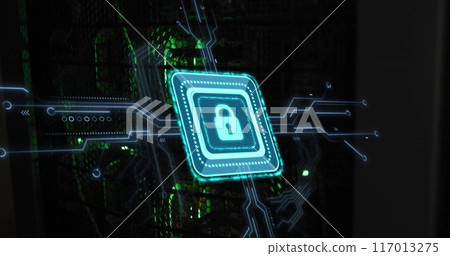Image of padlock with connections over server room Image of padlock with connections over server room 117013275
