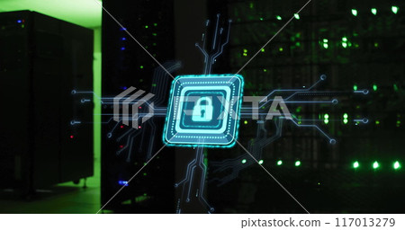 Image of padlock with connections over server room Image of padlock with connections over server room 117013279