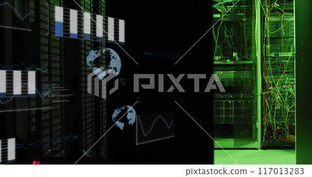 Image of data processing and diagrams with globes over server room 117013283
