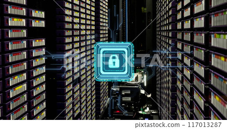 Image of padlock with connections over server room 117013287