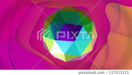 Image of reflective metallic 3d multi faceted ball rotating over network on pink background Image of reflective metallic 3d multi faceted ball rotating over network on pink background 117013325