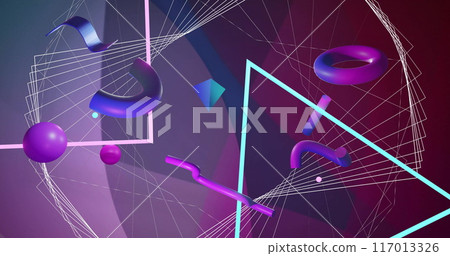 Image of 3d blue and purple shapes over lines and network structure on purple background Image of 3d blue and purple shapes over lines and network structure on purple background 117013326