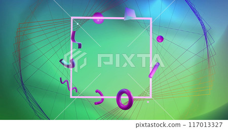 Image of 3d blue and purple shapes over pink frame and network structure on green background 117013327