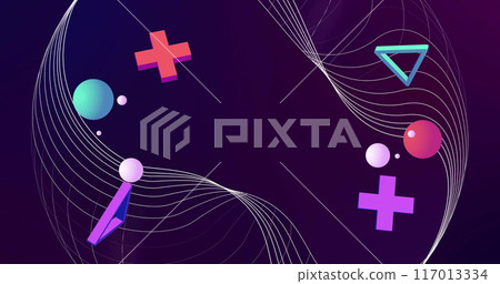 Image of 3d red, green, white and purple shapes over white network lines on dark background 117013334
