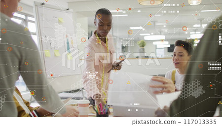 Image of processing data over diverse colleagues discussing at casual office meeting 117013335