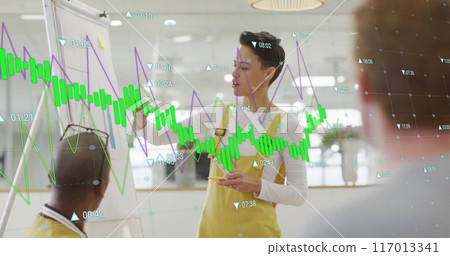 Image of graph processing data over biracial casual businesswoman presenting at office meeting Image of graph processing data over biracial casual businesswoman presenting at office meeting 117013341