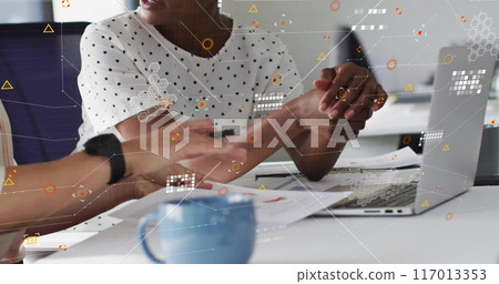 Image of processing data over happy diverse female colleagues using laptop at casual office 117013353