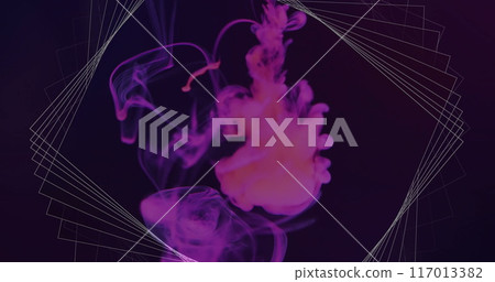 Image of white 3d network structure over purple smoke moving on black background Image of white 3d network structure over purple smoke moving on black background 117013382