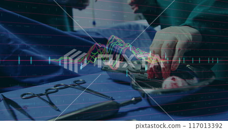 Image of data processing over surgeons in operating theatre 117013392