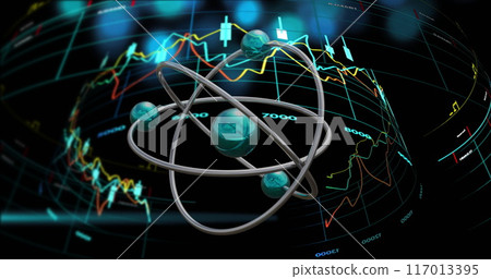 Image of atom spinning and digital data processing over black background Image of atom spinning and digital data processing over black background 117013395