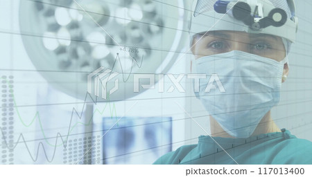 Image of data processing over caucasian male surgeon Image of data processing over caucasian male surgeon 117013400