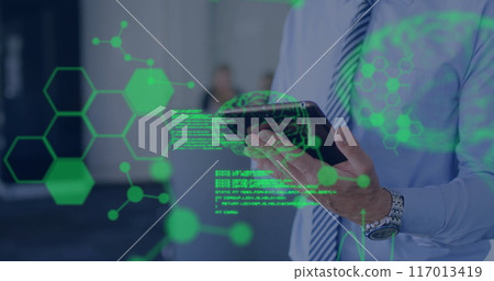 Image of human brains and digital data processing over caucasian man using tablet Image of human brains and digital data processing over caucasian man using tablet 117013419