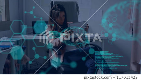 Image of human brains and digital data processing over caucasian woman using tablet 117013422