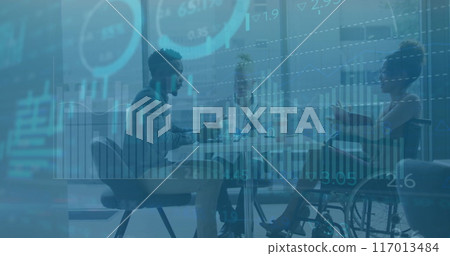 Image of data processing over diverse male and female colleagues discussing at casual meeting 117013484