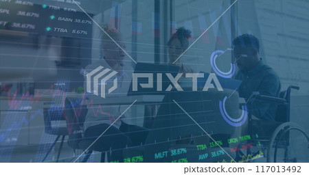 Image of data processing over diverse male and female colleagues discussing at casual meeting Image of data processing over diverse male and female colleagues discussing at casual meeting 117013492