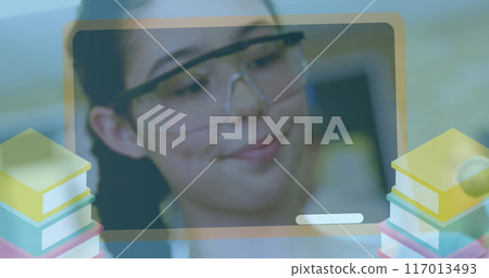 Image of board icon over caucasian schoolgirl in lab 117013493