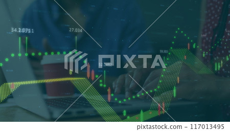 Image of graph processing over diverse male and female colleague discussing at casual office 117013495