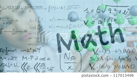 Image of mathematical equations and math text over biracial woman with models in classroom Image of mathematical equations and math text over biracial woman with models in classroom 117013496