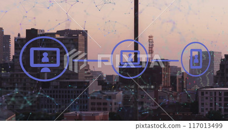 Image of media icon network over large communication networks and modern cityscape 117013499