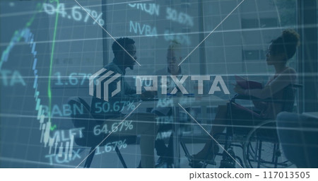 Image of data processing over diverse male and female colleagues discussing at casual meeting Image of data processing over diverse male and female colleagues discussing at casual meeting 117013505