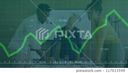 Image of graphs processing data over diverse male and female colleagues at casual meeting 117013549