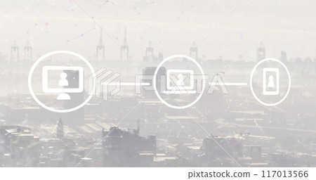 Image of network of digital media icons over modern cityscape 117013566
