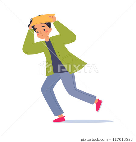 Bad Weather with Man Character Run in Windstorm and Rain Cover Head Vector Illustration 117013583
