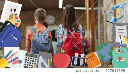 Image of school items icons over schoolchildren walking at school 117013599