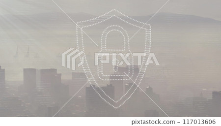 Image of padlock and shield icon over modern cityscape Image of padlock and shield icon over modern cityscape 117013606