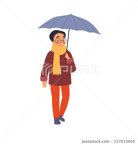 Bad Weather with Man Character with Umbrella Walk in Windstorm and Rain Vector Illustration Bad Weather with Man Character with Umbrella Walk in Windstorm and Rain Vector Illustration 117013608