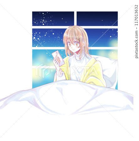 Woman looking at smartphone on bed, winter, smiling, window Woman looking at smartphone on bed, winter, smiling, window 117013632