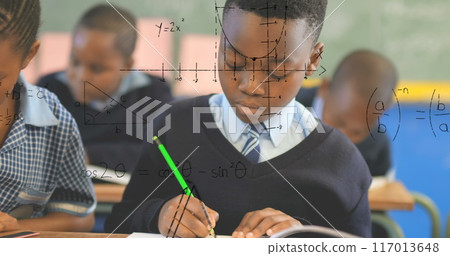 Image of math formulas over african american pupils learning at school Image of math formulas over african american pupils learning at school 117013648