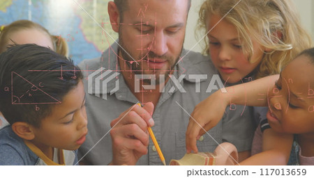 Image of math formulas over diverse pupils and male teacher at school 117013659