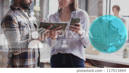 Image of globe and data processing over diverse business people in office Image of globe and data processing over diverse business people in office 117013664