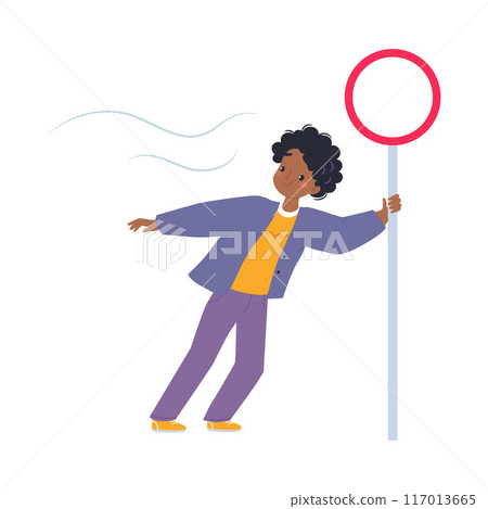 Bad Weather with Man Character Hold by Post Walk in Windstorm and Rain Vector Illustration 117013665