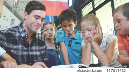Image of math formulas over diverse pupils and male teacher learning at school 117013682