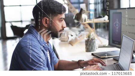 Image of binary coding and data processing over biracial businessman in office 117013683