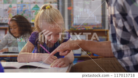 Image of line graph over multiracial male teacher assisting girl in writing notes in book 117013718