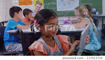 Image of financial graphs over happy biracial girl using tablet at school 117013720