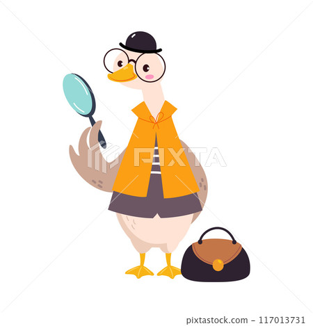 Goose Animal Detective Character with Magnifier Investigating and Search for Evidence Vector Illustration 117013731