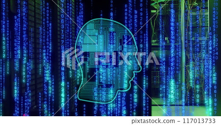 Image of head, binary coding and data processing over computer servers Image of head, binary coding and data processing over computer servers 117013733