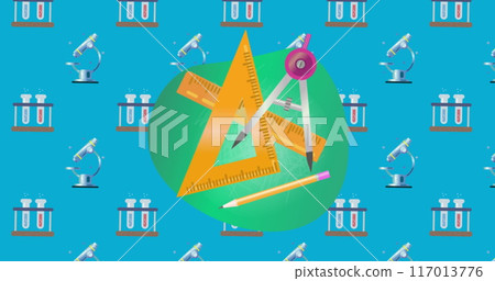 Image of school geometry items and chemistry icons on blue background 117013776