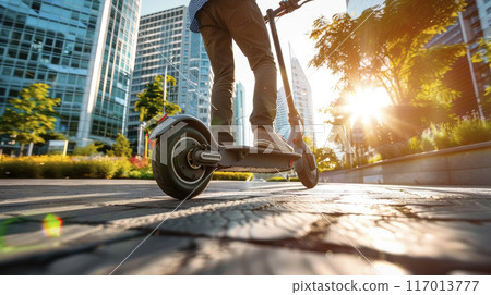 A person riding on electric scooter along a brightly lit morning city street, modern skyscrapers in the background 117013777