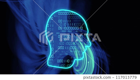 Image of head silhouette with data processing over light trails on black background 117013779
