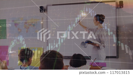 Financial data processing against caucasian boy throwing a paper plane during a class at school Financial data processing against caucasian boy throwing a paper plane during a class at school 117013815