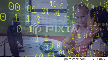 Image of binary coding and data processing against two diverse girls using computer at school Image of binary coding and data processing against two diverse girls using computer at school 117013827