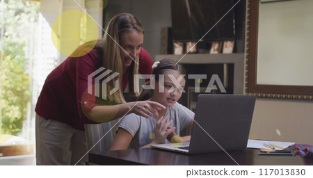 Image of connections over happy diverse students using technology at school Image of connections over happy diverse students using technology at school 117013830