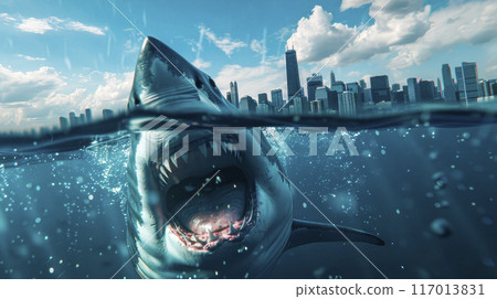 A big shark under the water reaching to the surface, and there the cityscape showing on the background in the surface. 117013831