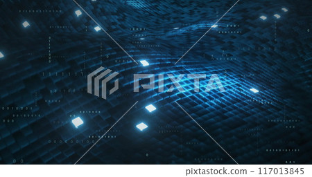 Image of data processing over blue squares on black background Image of data processing over blue squares on black background 117013845
